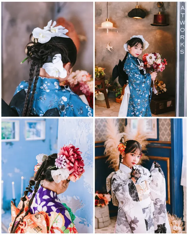 青・紫・白黒の着物それぞれに合わせた花飾りと編み下ろしのヘアセット4カット